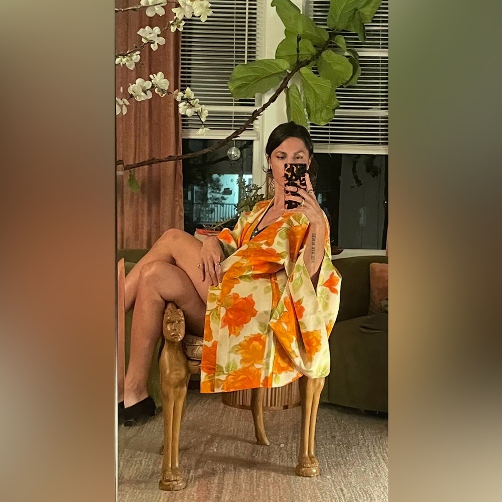 Antique silk kimono Haori over jacket coat orange persimmon florals flowers